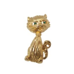 Mid Century Gold Atomic Kitty Brooch Green Emerald Eyes
